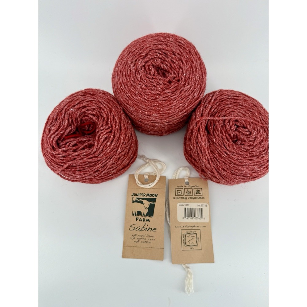 Juniper Moon Farm Sabine Yarn Lot 3 Skeins Red 100g Llama Merino Cotton DK
